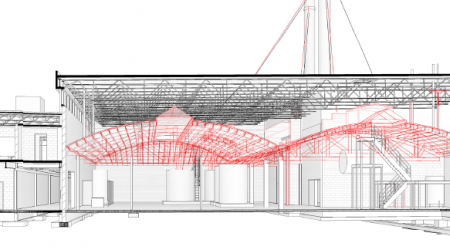 A black and red rendering of the new, higher roof Keeley Construction, Inc. built for the Nalco Chemical building.